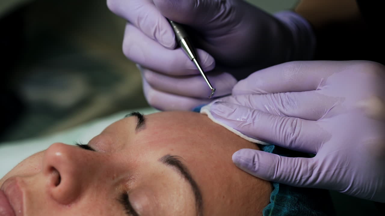 Cosmetology professional uses blackhead removing tool in the procedure of skin cleaning. Beauty salon skincare. Extreme close up.