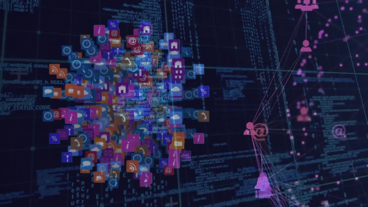 animación de iconos conectados que forman globos sobre el lenguaje de la computadora contra un fondo negro