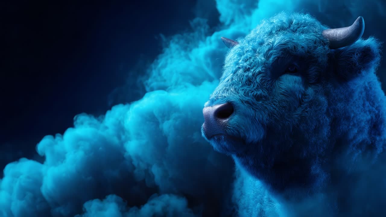 Un maestoso toro blu che emerge da una mistica nuvola di fumo, catturando l'essenza di forza e bellezza in un'atmosfera di incanto e meraviglia