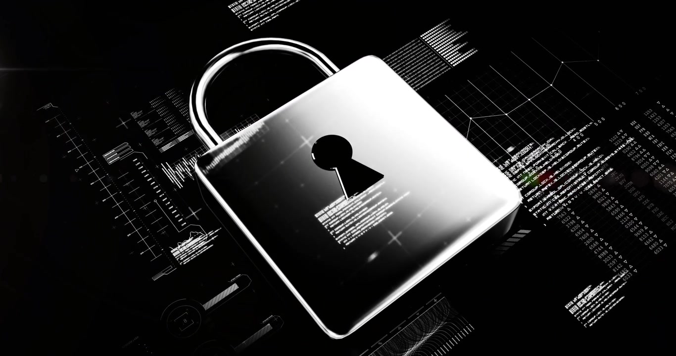 Square appearing at center starting 3D padlock forming, code flowing, flares emphasizing security