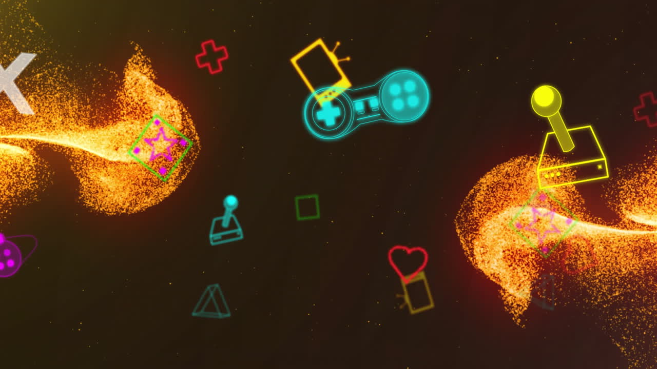 Colorful gaming icons and particles animation over dark background