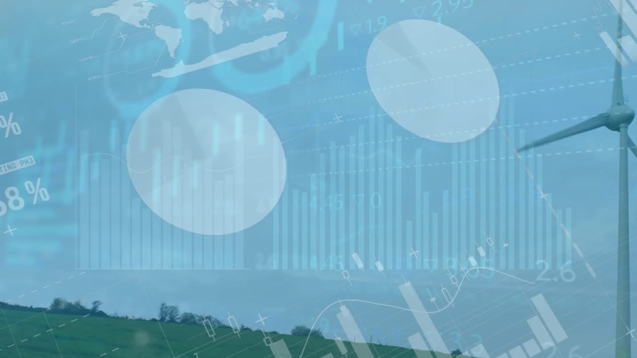 푸른 하늘을 배경으로 회전하는 풍차 위에서 통계 데이터 처리의 애니메이션