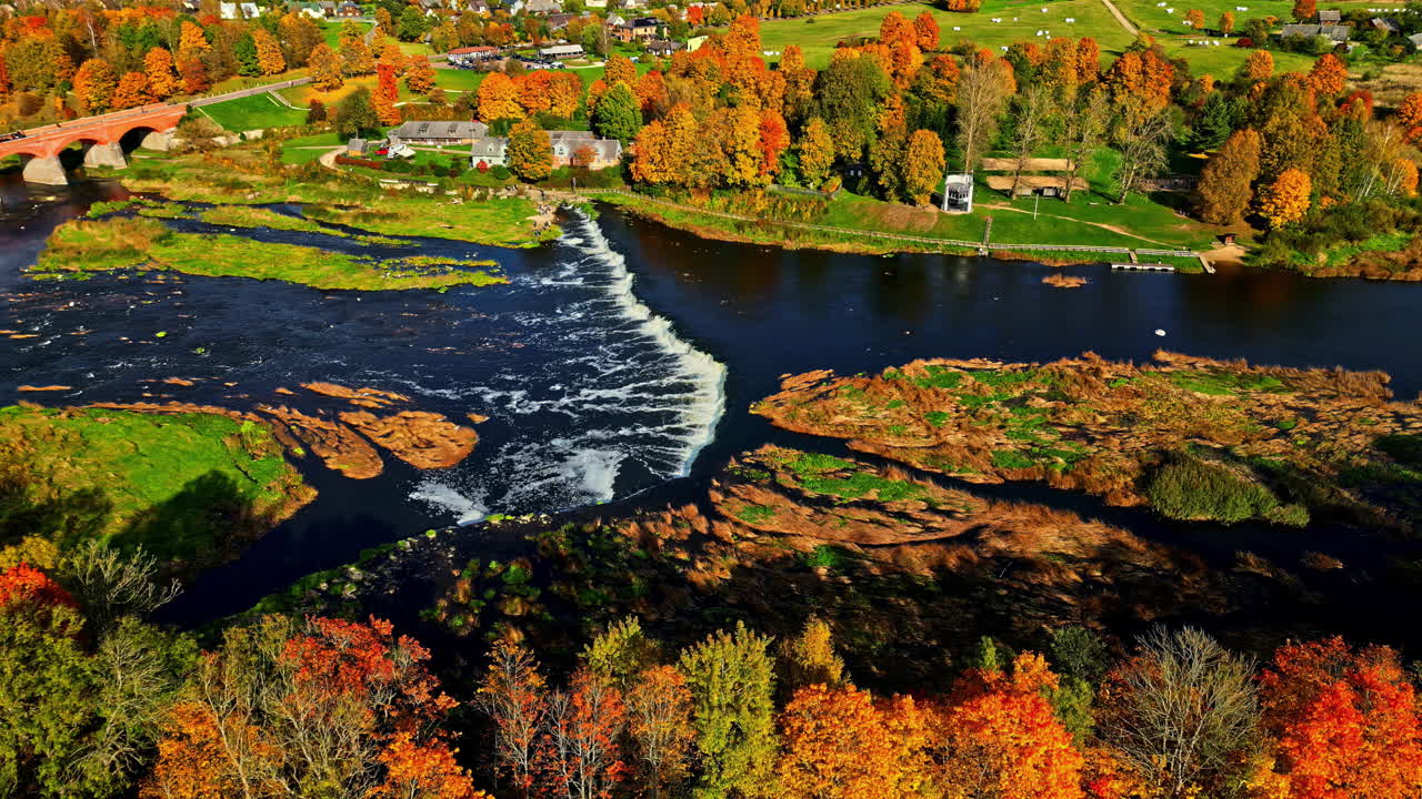 Aerial View Of Ventas Rumba Waterfall During Autumn Season In Kuldiga, Latvia, Europe.