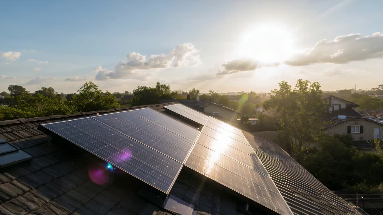 Tilting camera capturing roof-mounted photovoltaic panels on residential roof, shifting lens flare