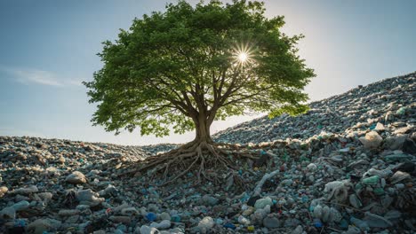 a large green tree rises confidently from a mound of plastic waste, symbolizing hope amidst pollution. the sun shines brightly, highlighting the environmental crisis we face today.
