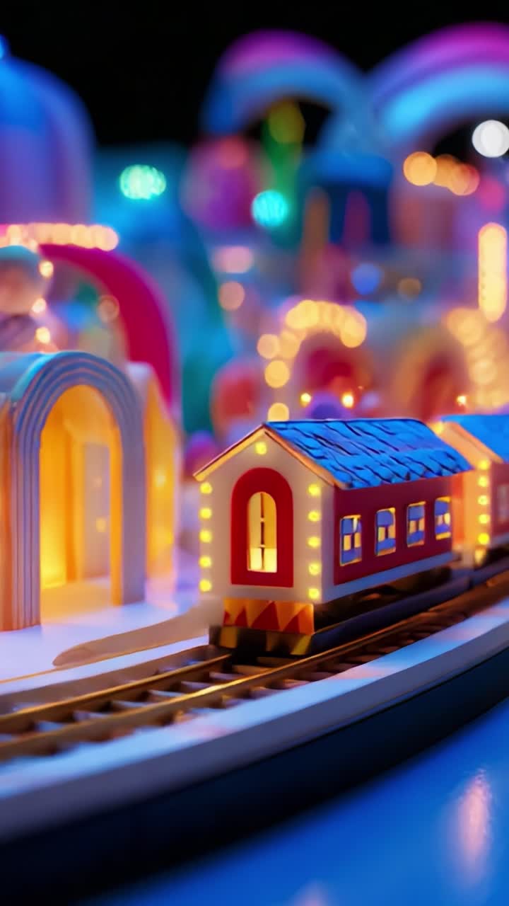 A Joyful Display of Colorful Miniature Train Set Decorated with Vibrant Lights Amidst a Whimsical Landscape, Creating a Cheerful Atmosphere Perfect for Imagination and Playtime
