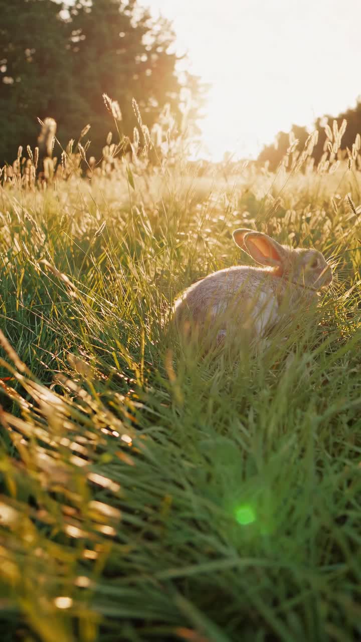 A serene video still of a rabbit in a sunlit meadow, captured from a low angle