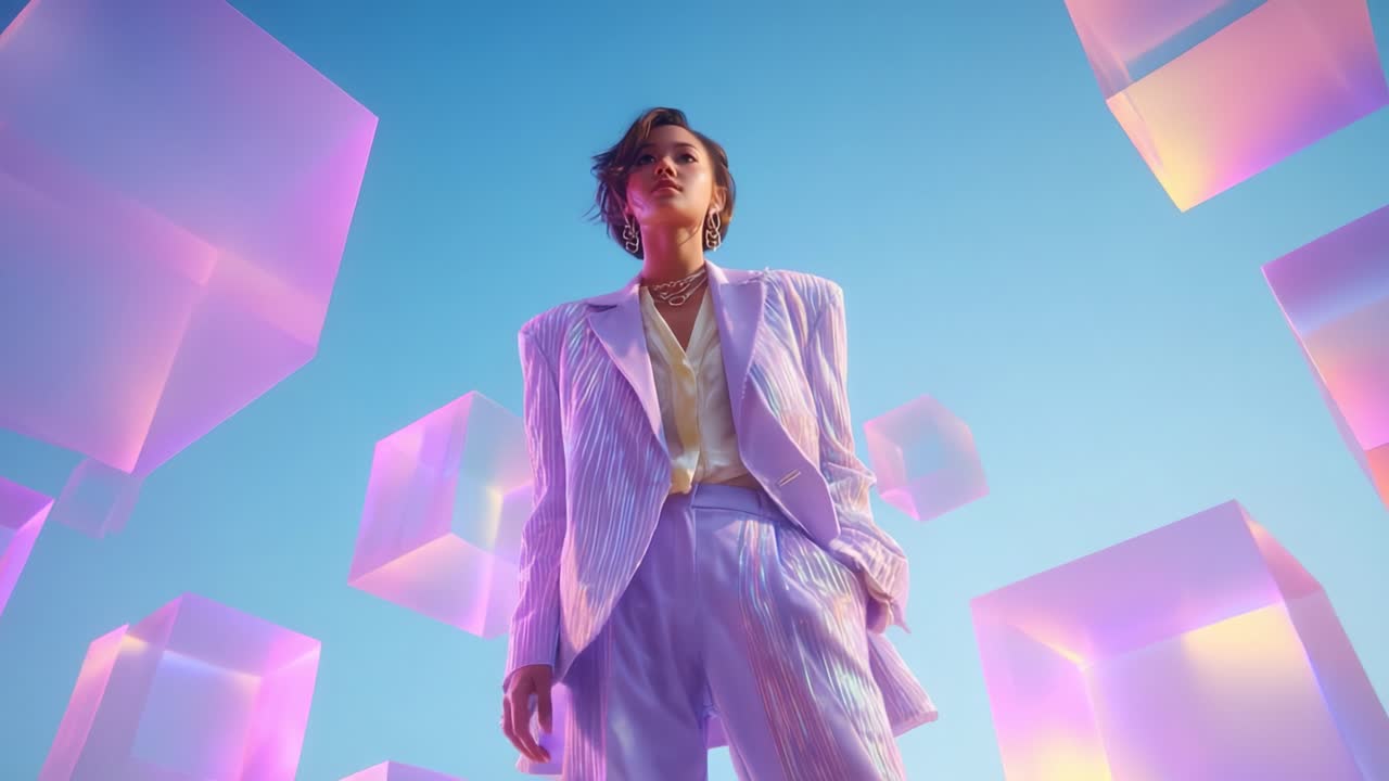 A Fashionable Model Stands Confidently Amidst Floating Colorful Cubes Against a Bright Sky, Showcasing a Chic and Modern Ensemble with an Ethereal Touch Highlighting Contemporary Aesthetics and Style