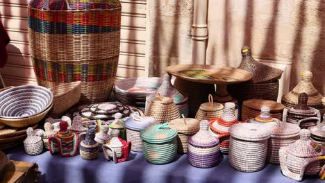 a vibrant collection of woven baskets on display