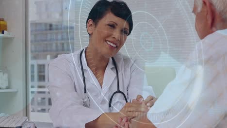 Animation-of-radars-over-diverse-female-doctor-comforting-patient-by-holding-hand-while-talking