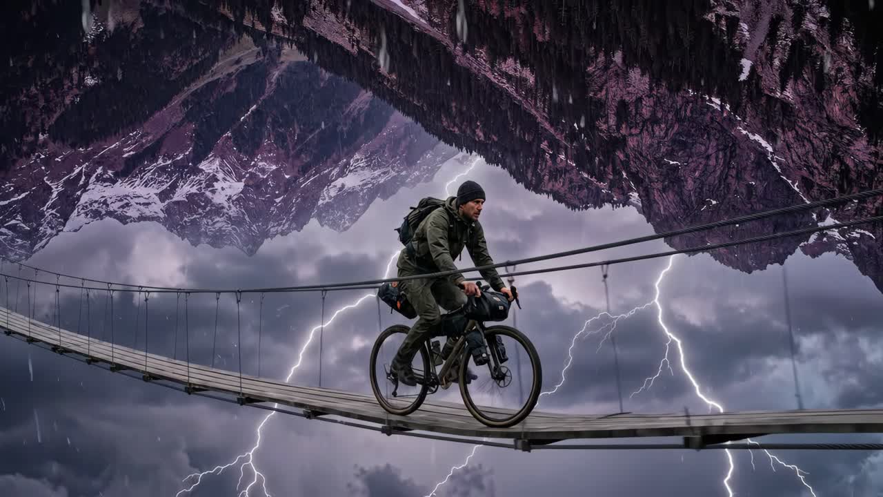 Mann fährt mit dem Fahrrad über eine Hängebrücke während eines dramatischen Berggewitters mit Blitzen