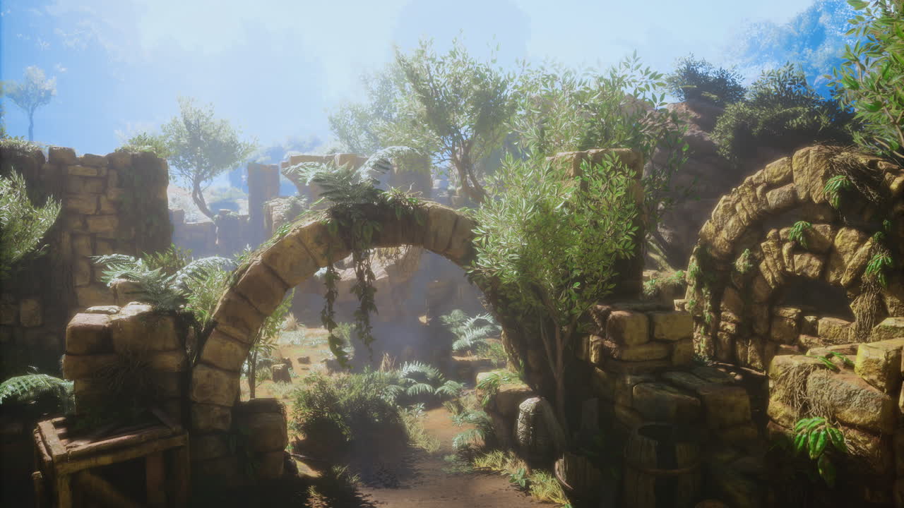 Ancient stone ruins surrounded by lush vegetation and clear sky