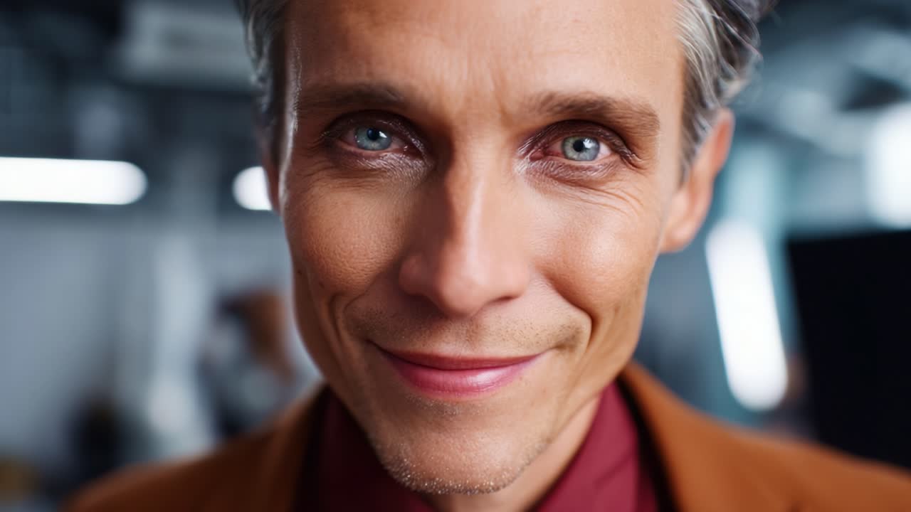 Captivating Close-Up of a Smiling Confident Individual in a Stylish Brown Suit with Striking Facial Features and Engaging Expression Against a Blurred Background