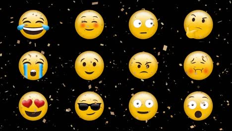 Digitale-Animation-Von-Goldenem-Konfetti,-Das-über-Mehrere-Verschiedene-Gesichts-Emojis-Auf-Schwarzem-Hintergrund-Fällt