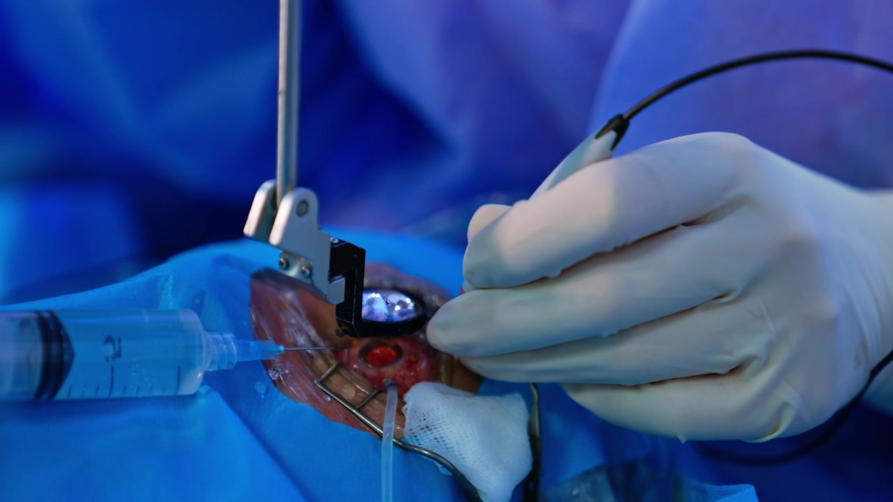 Ophthalmic surgery in progress. Doctor's hand in latex glove uses surgical device in the eye. Close up.