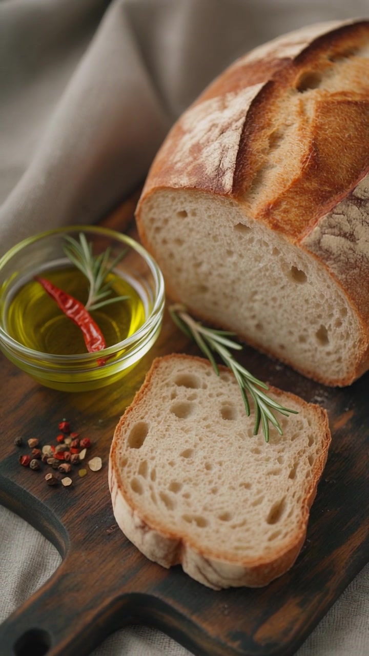 Freshly Baked Sourdough Bread with Olive Oil and Herbs