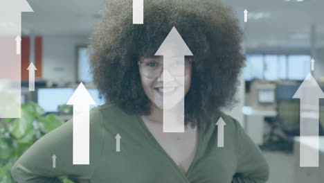 animation of arrows and data processing over african american businesswoman in office