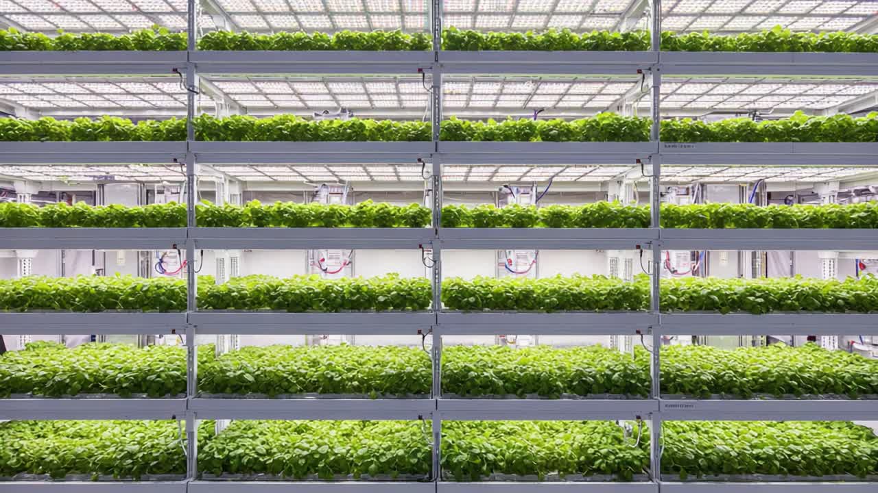 A Vertical Farming Facility Showcasing Lush Green Lettuce Plants in Stacked Growing Systems Under Artificial Light for Sustainable Agriculture Practices
