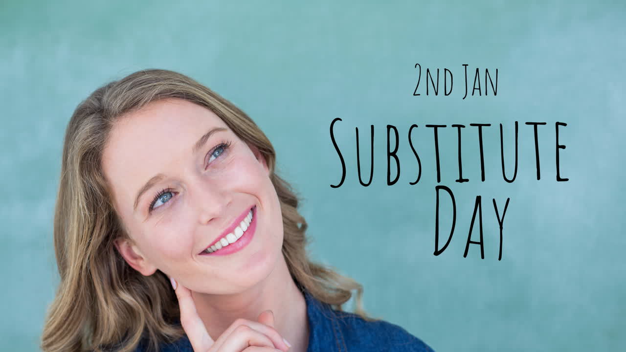 초록색 배경에 행복한 백인 여성 위에 대체 날 텍스트의 애니메이션