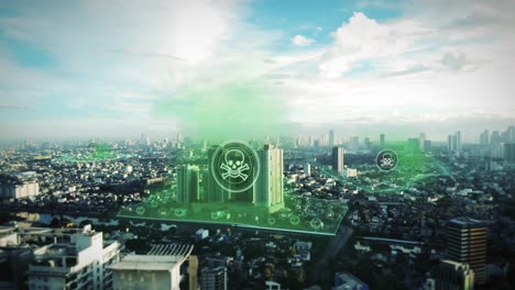 Luftaufnahme-Gefährlicher-Infizierter-Zonen,-Stadtbild,-3D-Motion-Design
