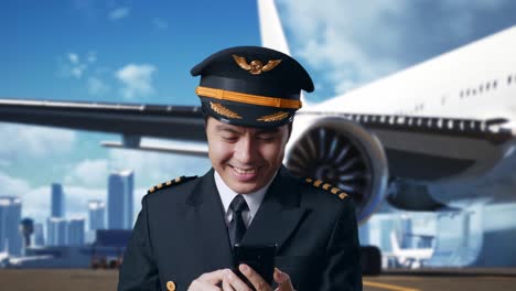 close up of asian man pilot smiling and using smartphone while standing in airfield with airplane on background