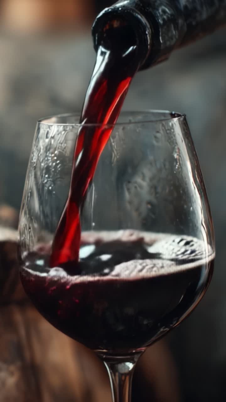 Momenti accattivanti di vino rosso versato elegantemente in un bicchiere, che mostrano colori e texture intensi in un ambiente accogliente e invitante