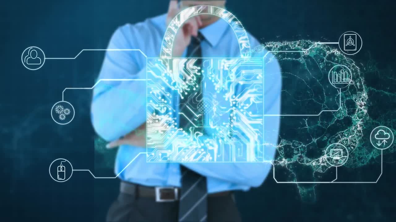 animación del cerebro humano y el cerrojo de la placa de circuito sobre el hombre de negocios