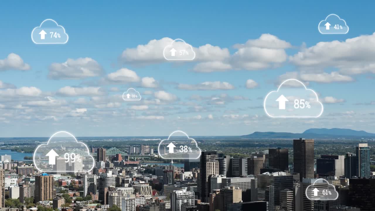 Animation of digital clouds with percent going up over cityscape