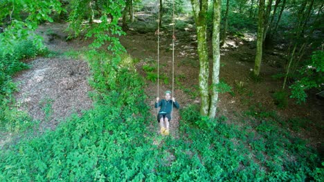 young adult on giant swing in forest seen from above in overview shot