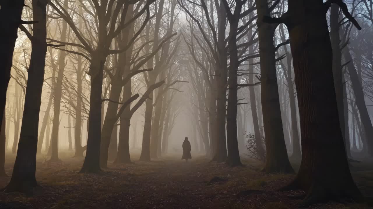 A mysterious, cinematic video scene with a person walking through a foggy forest