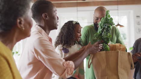 video de padres africanos americanos felices con su hija y abuela desempaquetando compras de comida