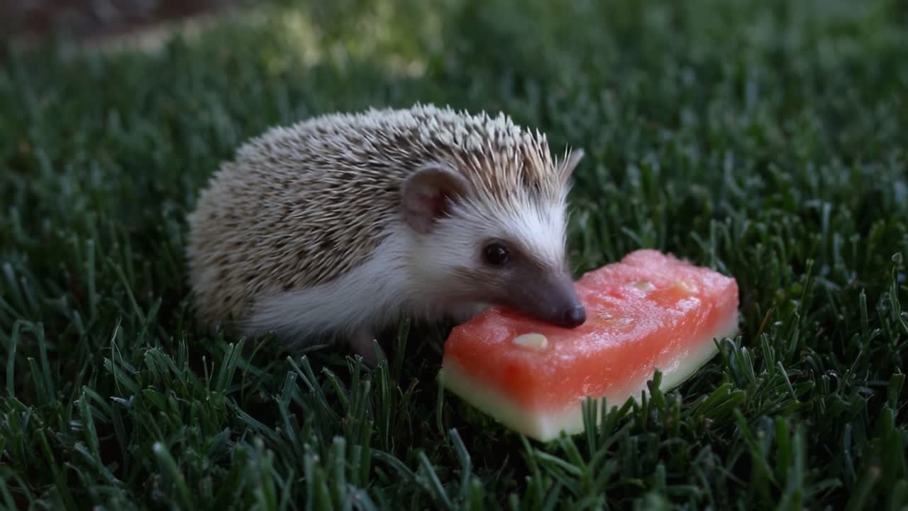 A Playful Hedgehog Enjoying a Slice of Watermelon on Lush Green Grass, Captured in Two Frames Highlighting Its Quirky Behavior and Delightful Snacks