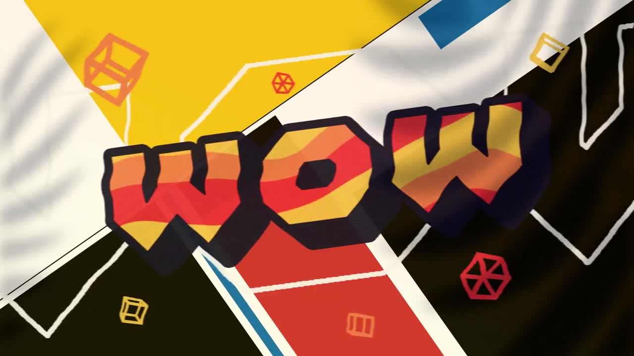 기하학적 배경 위에 와우 텍스트의 애니메이션