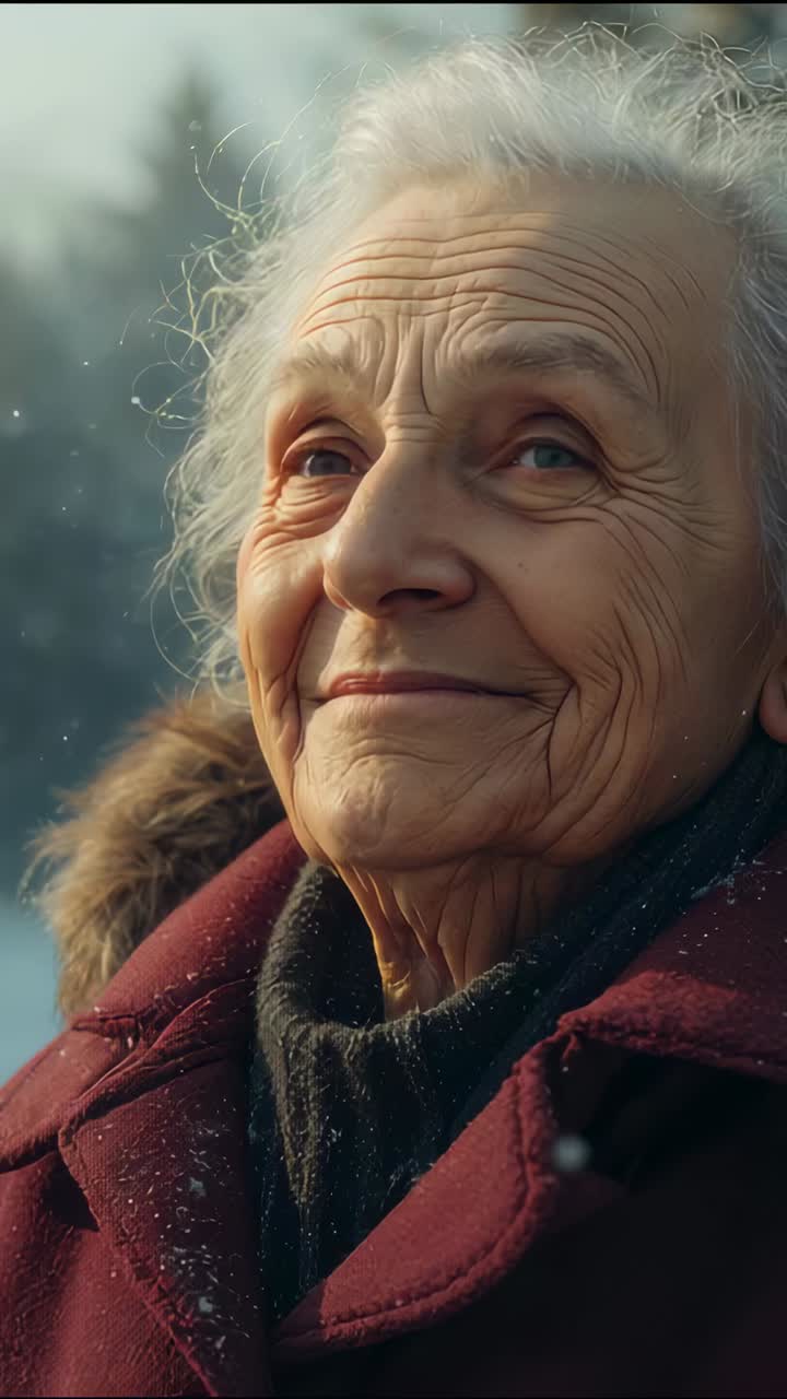 Vertical video: Breeze lifting hood on burgundy coat as senior woman speaking at lakeside forest