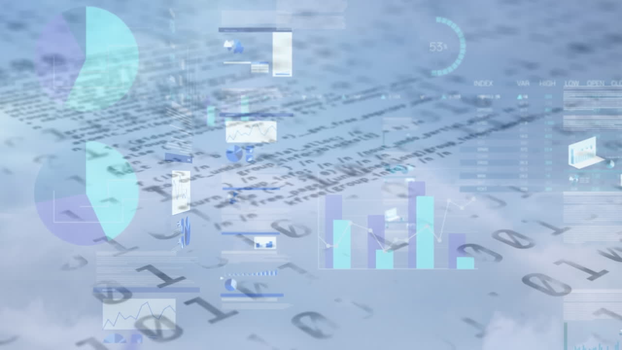 animación de la interfaz infográfica sobre códigos binarios y lenguaje informático contra nubes de niebla.