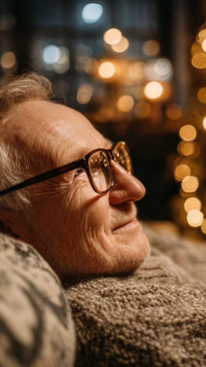 A Joyful Night: An Elderly Man Enjoys a Cozy Evening Surrounded by Warm Lights and Fond Memories in a Comfortable Home Setting