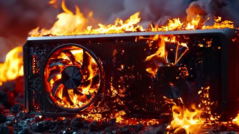 un caso de computadora en llamas con un ventilador en la parte superior
