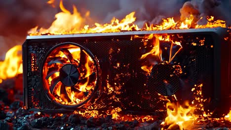 a computer case on fire with a fan on top of it