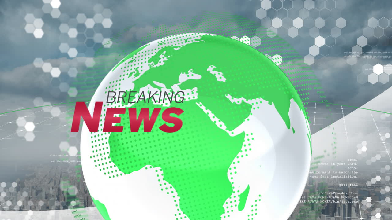 Green white halftone globe rotating in news studio, showing breaking news text and hexagon overlays