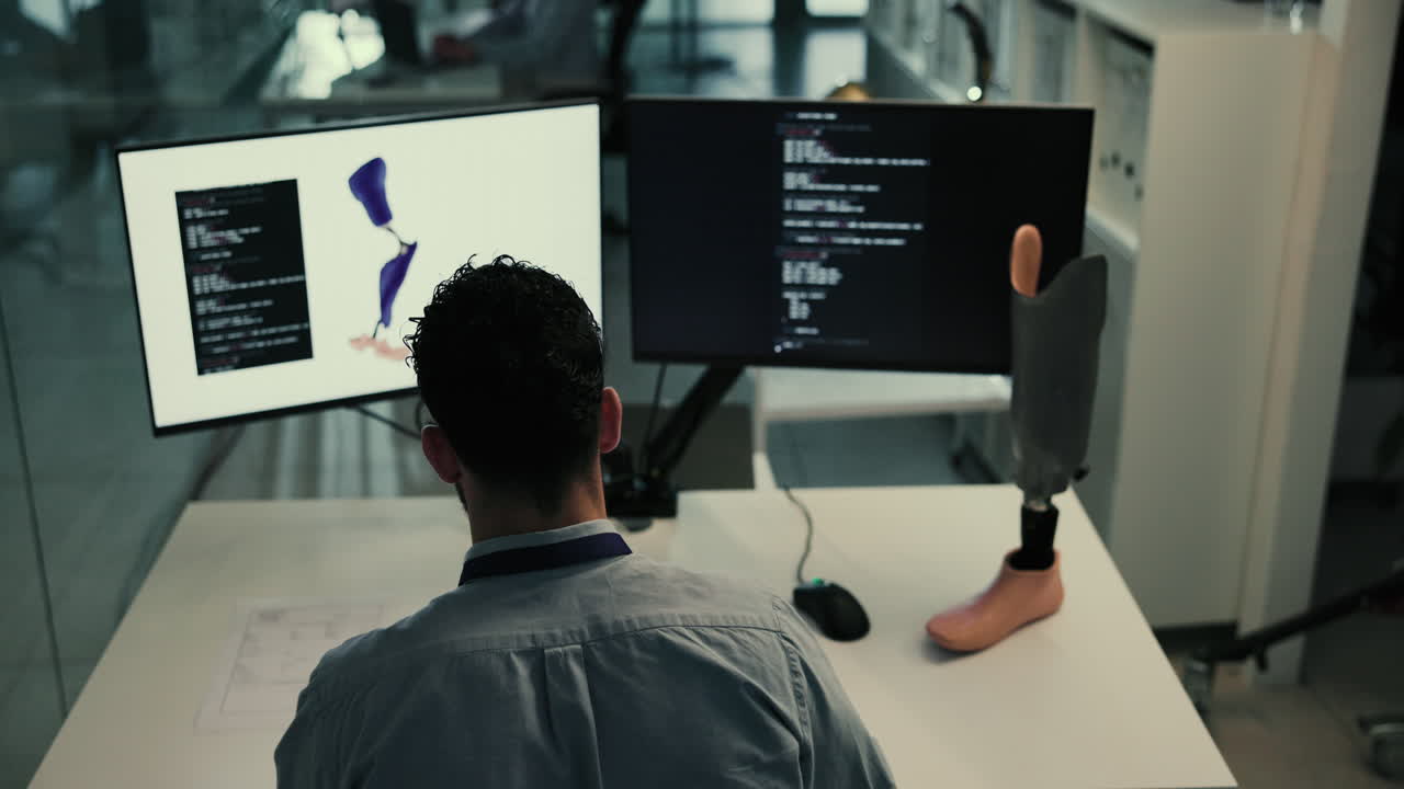 hombre trabajando en una computadora con una pierna protésica