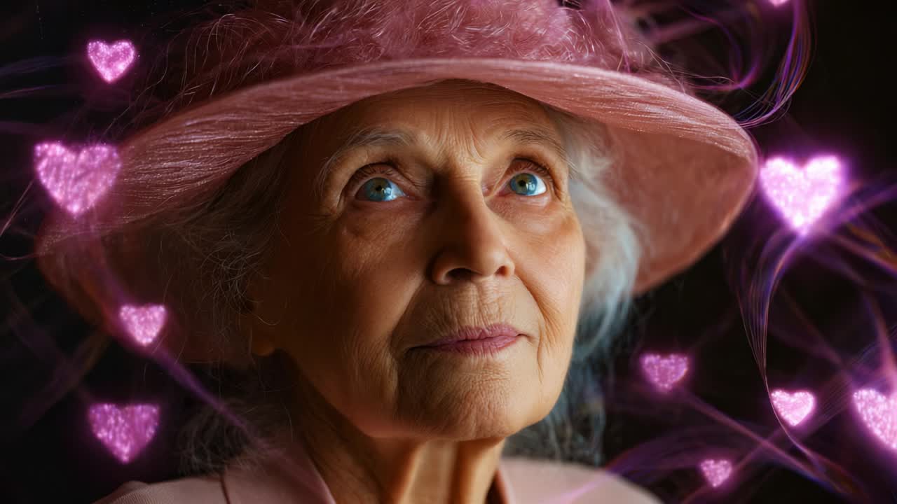 A Heartwarming Portrait of a Senior Woman in a Pink Hat, Surrounded by Enchanting Hearts, Radiating Love and Warmth, Capturing the Essence of Cherished Memories and Tender Emotions
