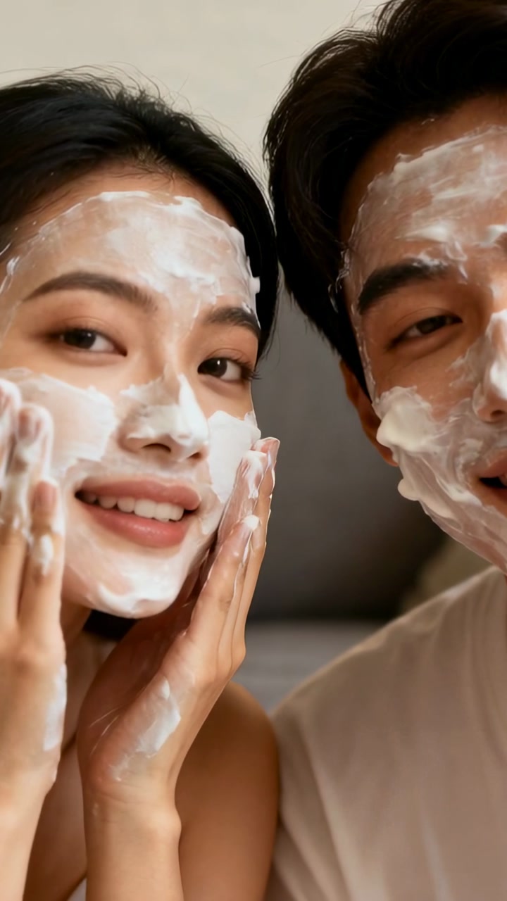 Vertical video: Starting facial cleansing, couple on sofa backrest massaging white foam with hands