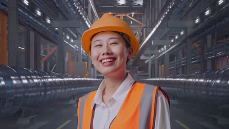 close up side view of asian female engineer with safety helmet looking around while standing with metal pipes