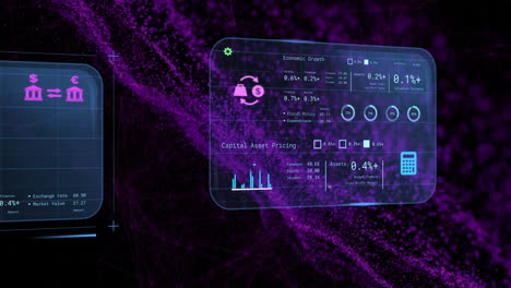 Animación-Del-Procesamiento-De-Datos-Financieros-Sobre-Puntos-Morados-Sobre-Fondo-Negro