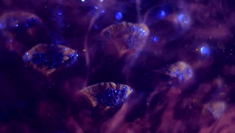 light pink smoke raising up to the abstract islands with blue flickering diamonds on them.