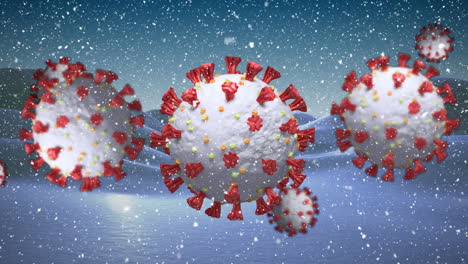 animation of covid 19 cells moving over winter scenery with snow covered landscape and snow falling