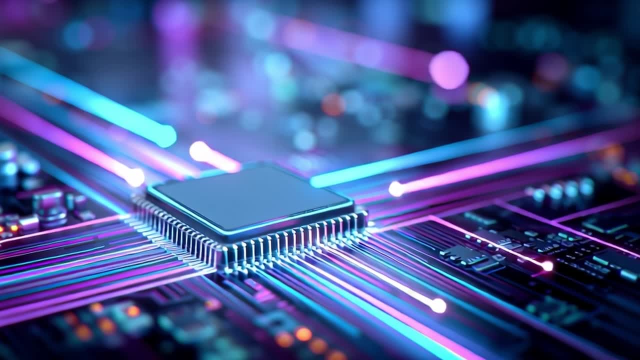Cpu microchip processing data with futuristic neon lights