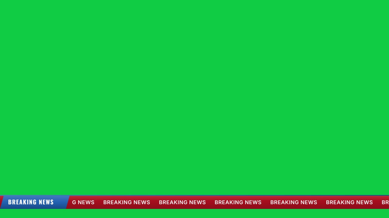 Television breaking news lower third overlay with blue badge and red scrolling headline ticker on green screen