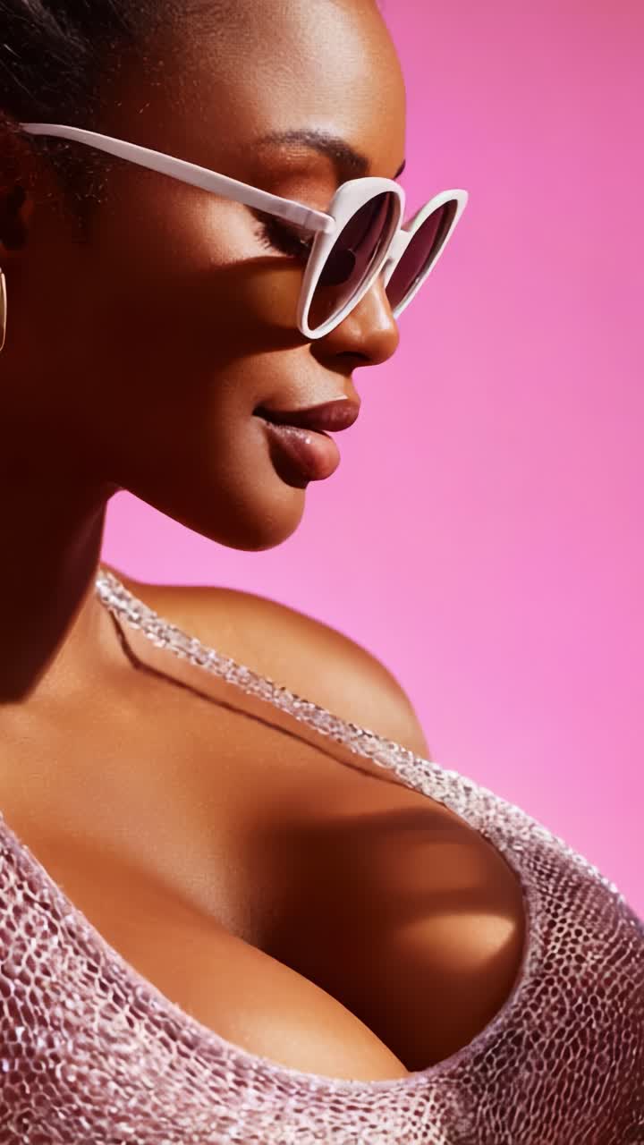 Elegant kvinde med solbriller poserer mod en livlig pink baggrund og viser sin selvsikre fremtoning og stilfulde modesans i denne slående visuelle komposition