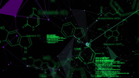 Animación-Del-Lenguaje-Informático,-Puntos-Conectados-Y-Estructuras-Moleculares-Sobre-Fondo-Negro